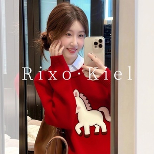 圣诞上衣 女冬季 法国Rixo kiel新年红色小马圆领宽松毛衣针织衫