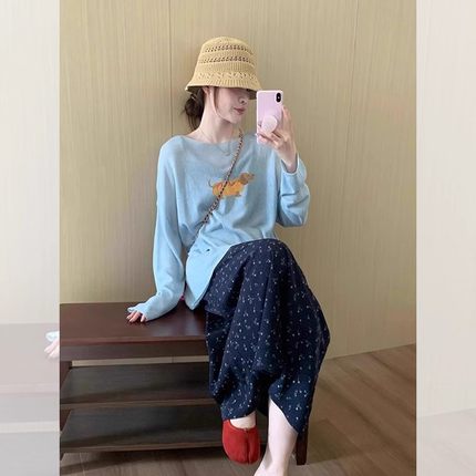 代购sly蓝色小狗冰丝长袖t恤女夏季外搭设计感宽松薄款防晒上衣