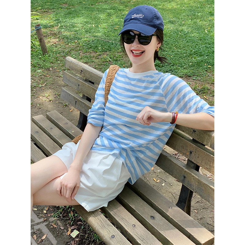 蓝白撞色条纹长袖t恤女夏季