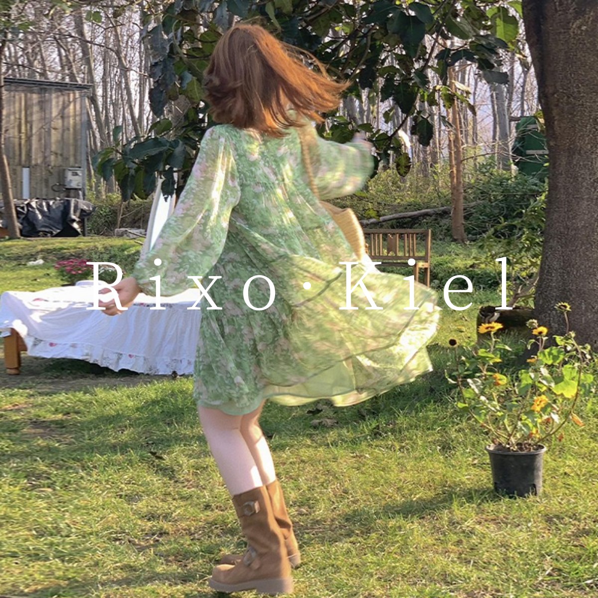 法国Rixo kiel绿色长袖碎花连衣裙子女春夏新款小个子显瘦a字短裙