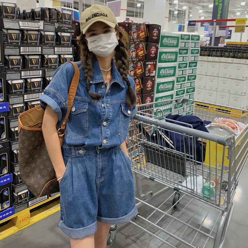 复古工装牛仔连体短裤女夏季新款