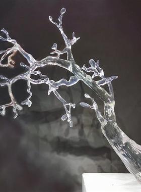 酒店会所大堂抽象透明树挂饰树脂雕塑迎客松摆件别墅售楼处装饰品