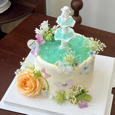 许愿池小天使生日蛋糕装饰摆件蝴蝶花朵插件复古水柱喷泉硅胶模具