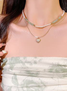 轻奢小众双层叠戴小清新爱心项链ins潮高级设计感锁骨链颈链