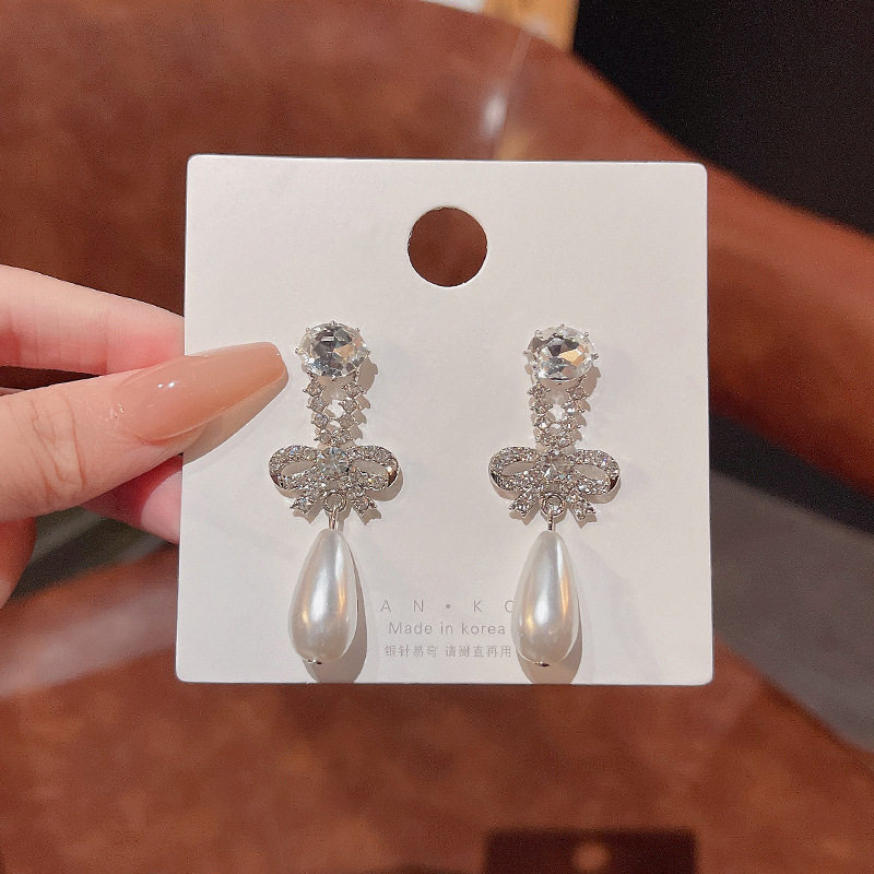 S925银针轻奢小众复古气质蝴蝶结耳环女ins潮水钻珍珠耳钉耳饰品