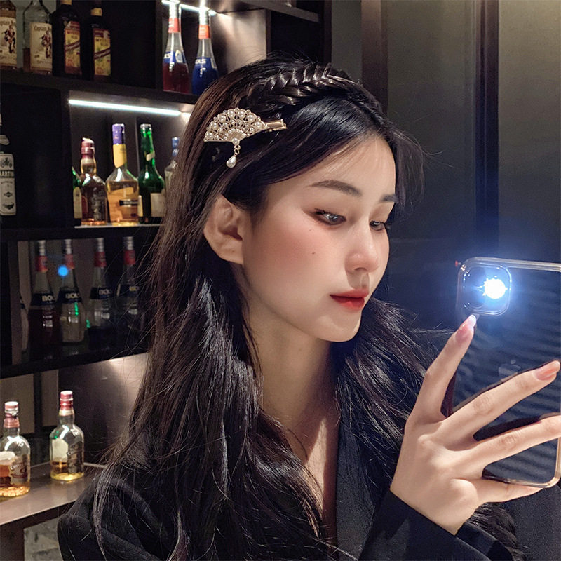 复古珍珠孔雀开屏发夹国风扇型流苏少女森系发卡夹子边夹刘海夹潮