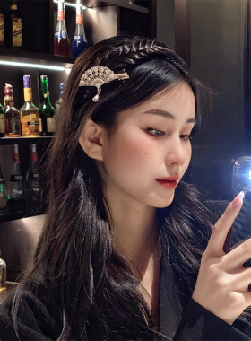 复古珍珠孔雀开屏发夹国风扇型流苏少女森系发卡夹子边夹刘海夹潮