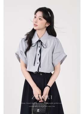 张汽水夏新款教资面试领结条纹衬衫女学院风通勤穿搭短袖正装衬衣