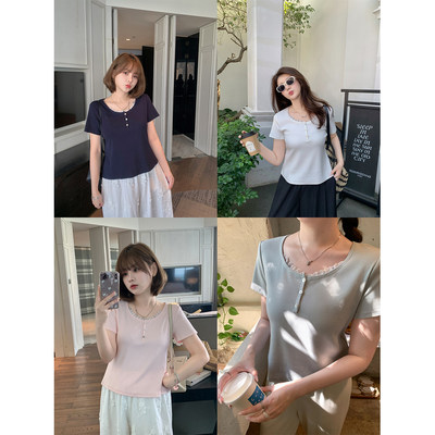 马西西大码女装蕾丝花边U领纽扣t恤春季胖mm宽松显瘦正肩短袖上衣