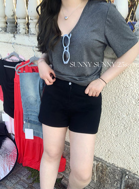 三点泥SUNNY【黑珍珠】大尺码黑色短裤女高腰显瘦弹力微胖休闲裤