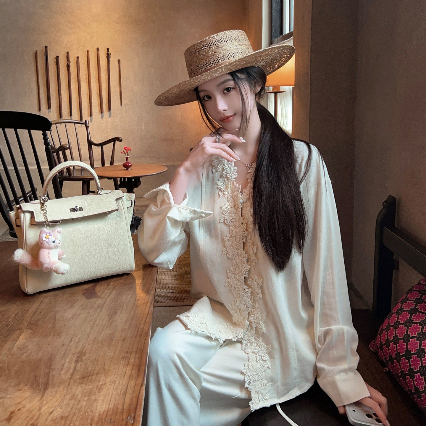 FairyJiang 早春新款老钱风刺绣白色棉麻衬衫女长袖衬衣防晒外套