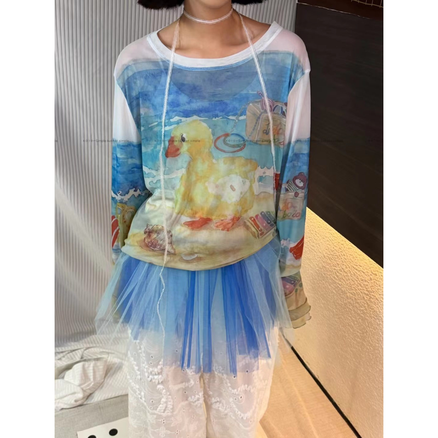 夏季撞色卡通减龄薄款长袖T恤女