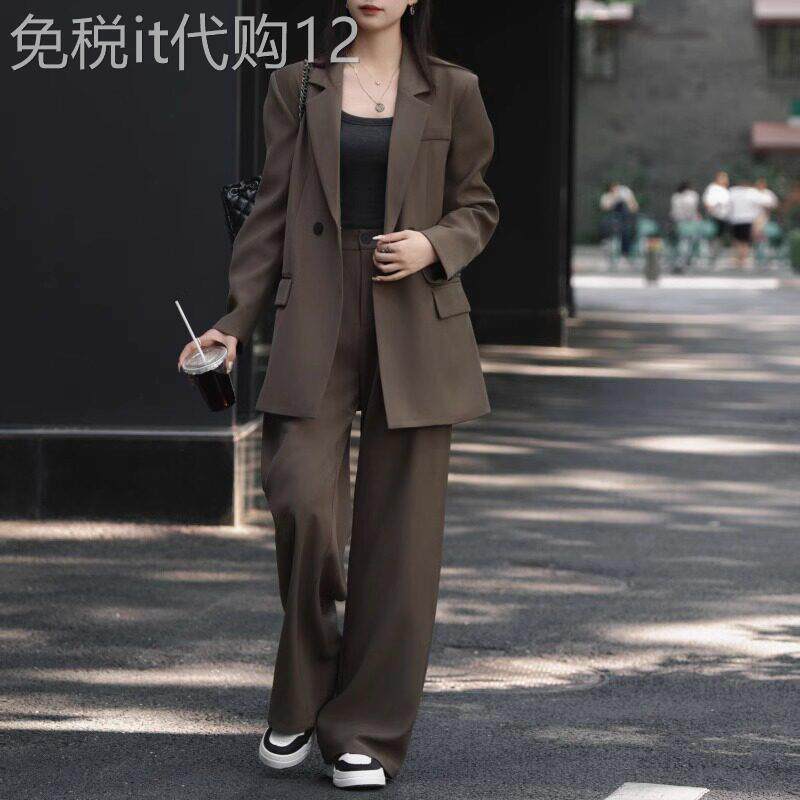 潮牌春秋新款大码宽松休闲阔腿裤西装套装女胖mm长袖高级西服外套