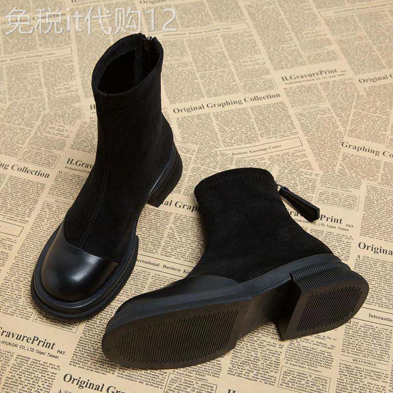香港真皮厚底马丁靴女秋冬2026新款爆款加绒短靴弹力粗跟瘦瘦靴子