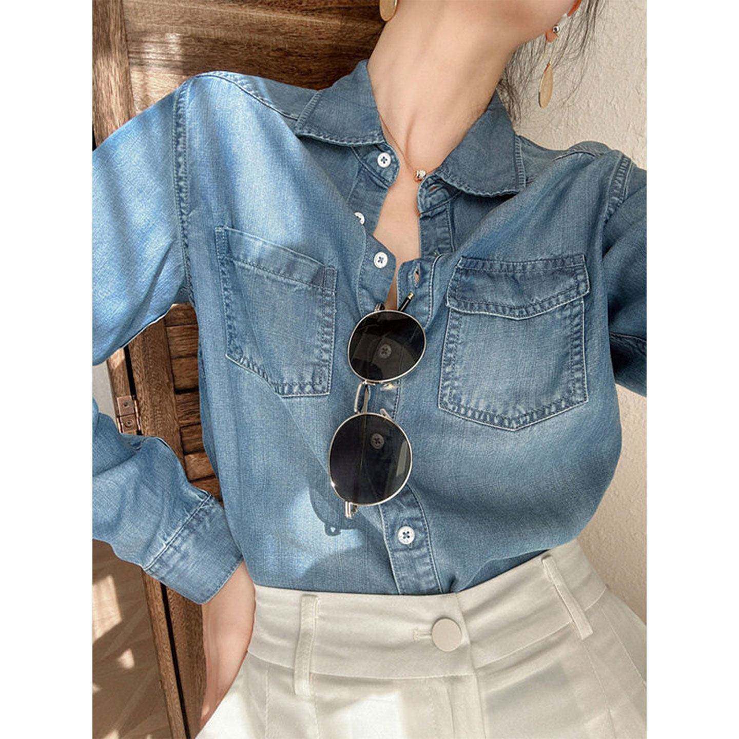 2026春秋新款天丝牛仔衬衫女宽松显瘦小个子短款垂感翻领长袖衬衣