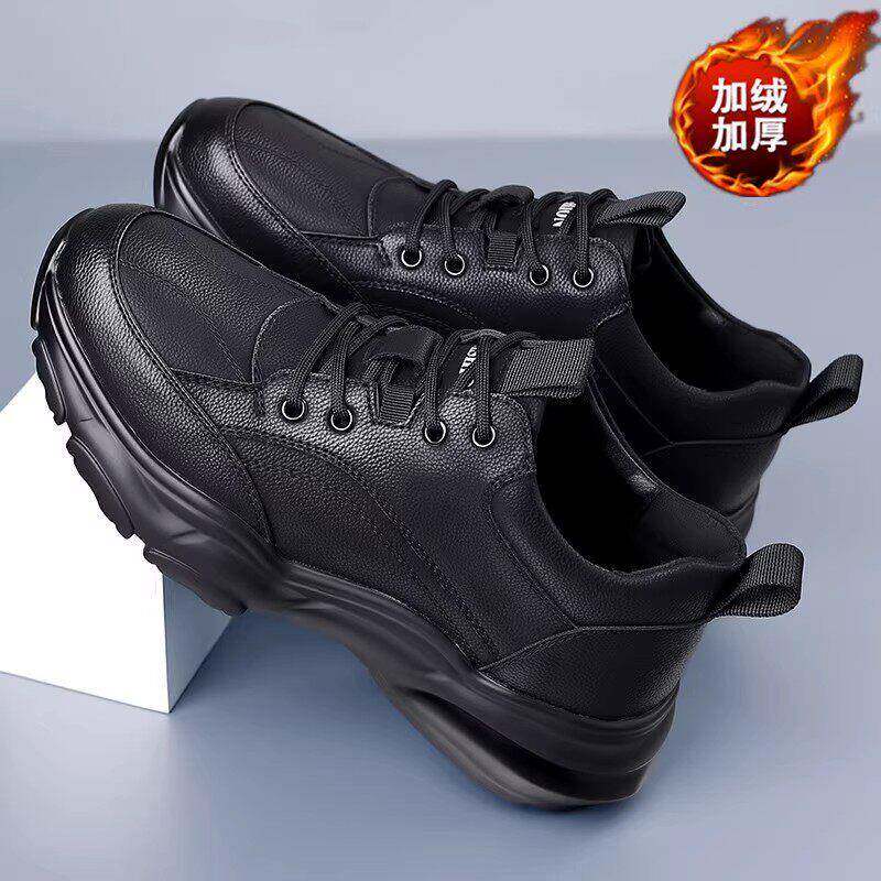 潮牌厚底男鞋软底透气防滑耐磨防水运动鞋软皮面黑色加绒休闲皮鞋