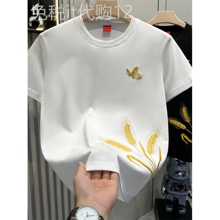 Mostarsea~潮牌男士圆领短袖t恤黄金麦穗刺绣印花夏季五分袖半袖