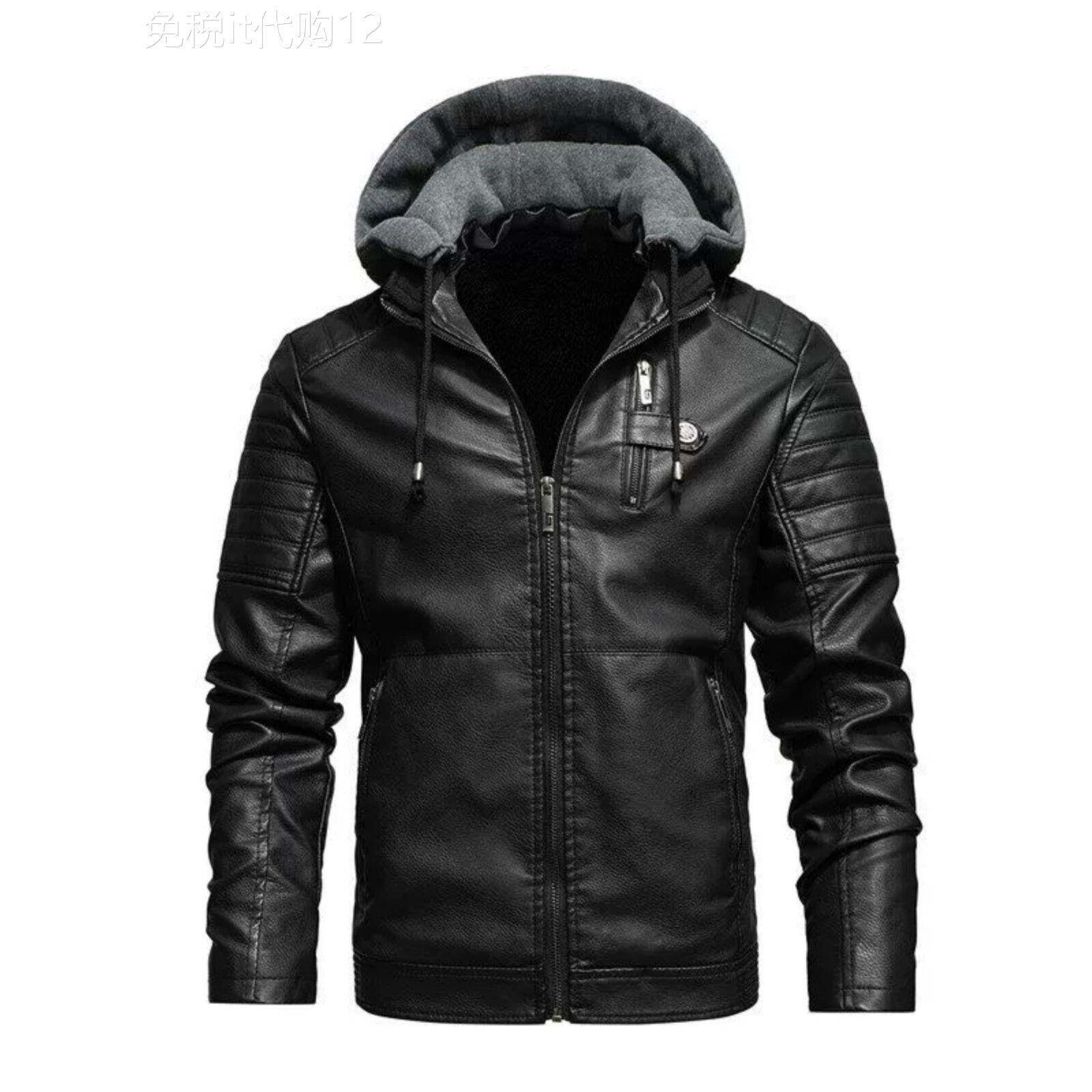 秋冬季男连帽皮夹克加绒加厚休闲修身帅气潮流骑行皮衣机车服外套