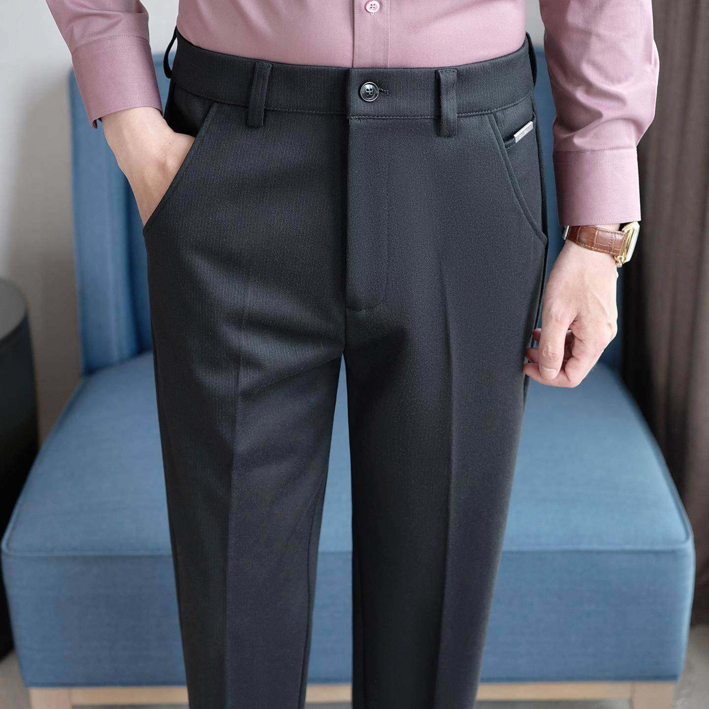 卡其色高端厚款毛呢西裤男秋冬季修身锥形商务休闲西装裤保暖裤子