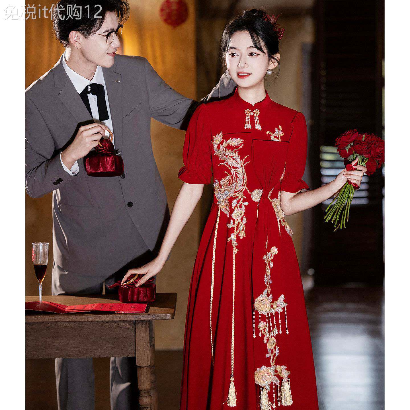 小个子敬酒服新娘酒红色新中式改良旗袍订婚礼服连衣裙流苏回门服