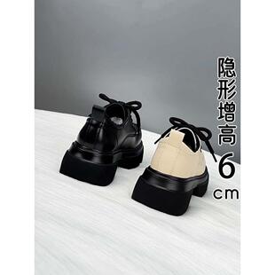 香港真皮厚底乐福鞋女秋季2025新款英伦风小皮鞋软底系带增高单鞋