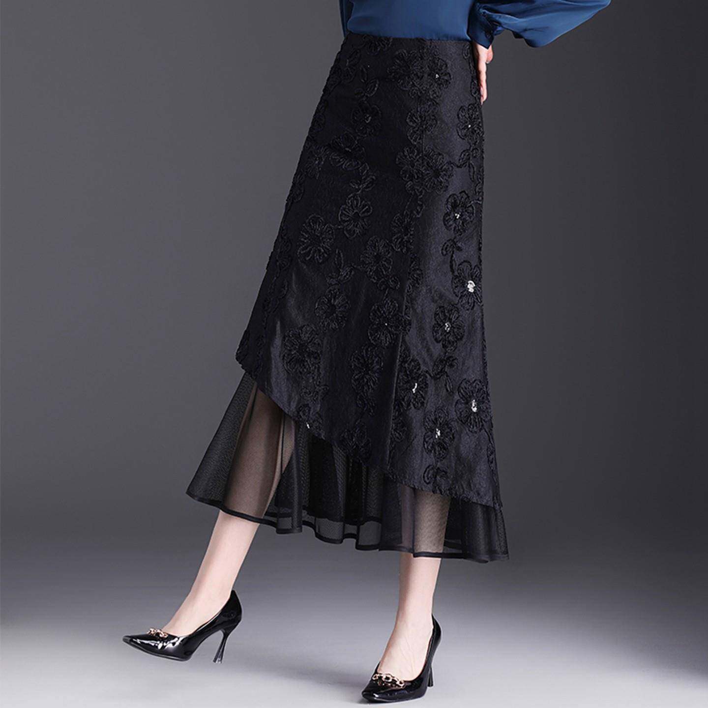 黑色刺绣花朵鱼尾裙女2025年秋冬新款高腰显瘦亮片长款包臀半身裙