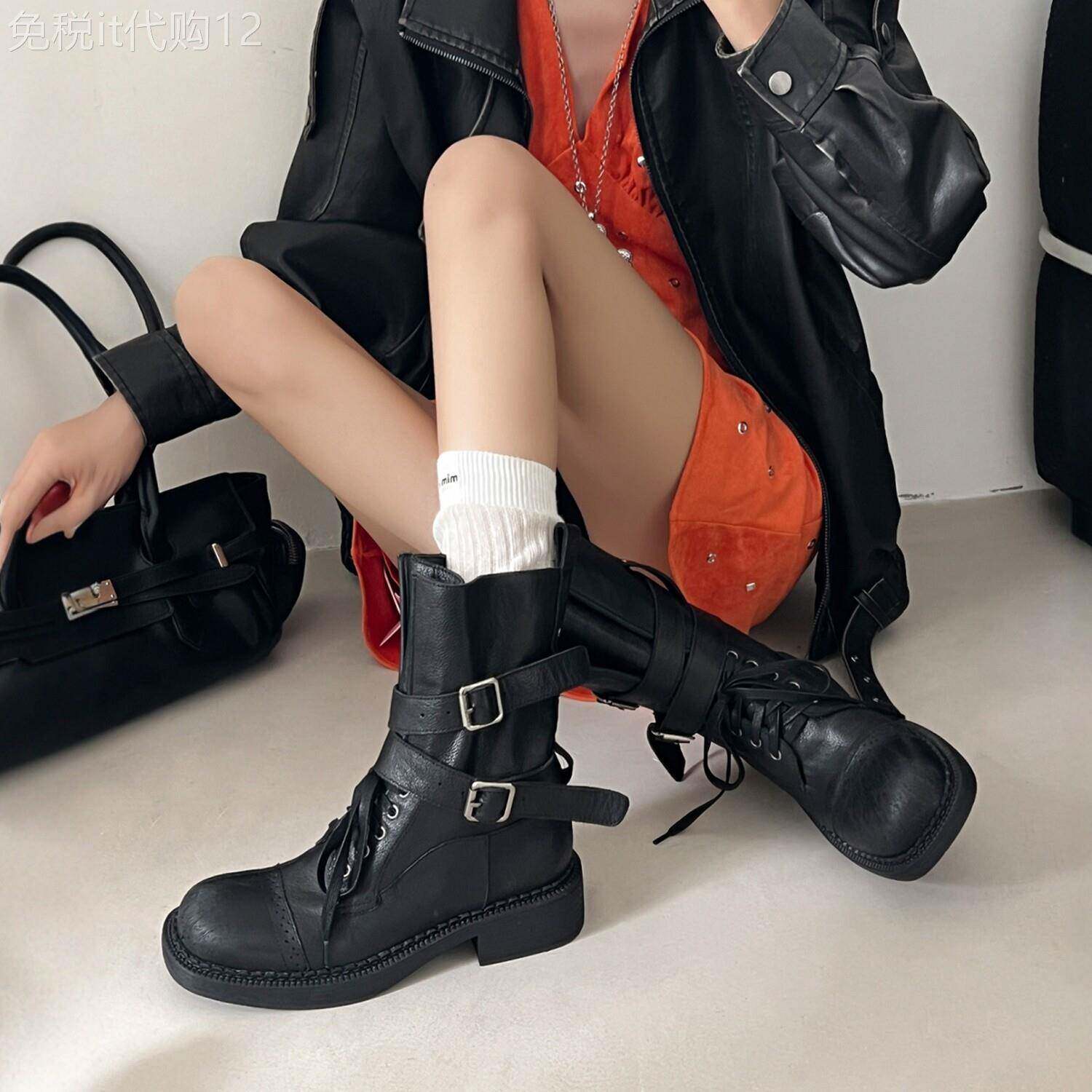 酷感少女~ 英伦风帅气皮带扣绑带黑色小短靴真皮粗跟马丁靴骑士靴