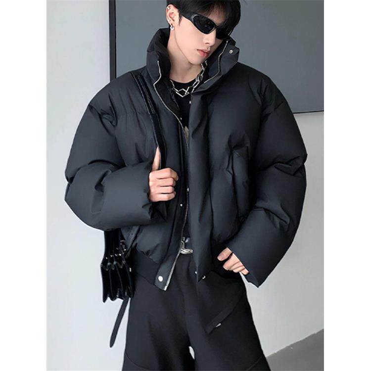 【香港·尊荣定制】黑色廓形短款羽绒服男款冬季PU皮面包服棉衣