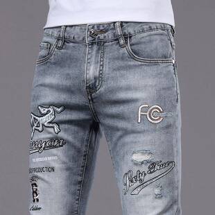 Gicc模式~高端时尚品牌热钻石印花男士牛仔裤，修身裤，小脚浅色