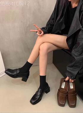 时尚品牌英式风格覆古平底鞋小皮鞋厚跟方趾乐福鞋秋冬黑色女鞋
