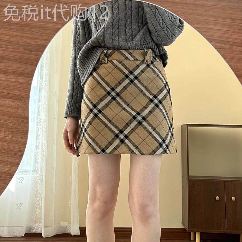 英伦风毛呢格子半身裙女秋冬大码高腰显瘦一步包臀裙格纹a字短裙
