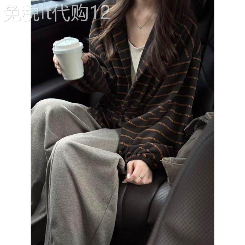 咖色条纹开衫外套女秋季2026新款宽松慵懒松弛感韩系外搭长袖上衣