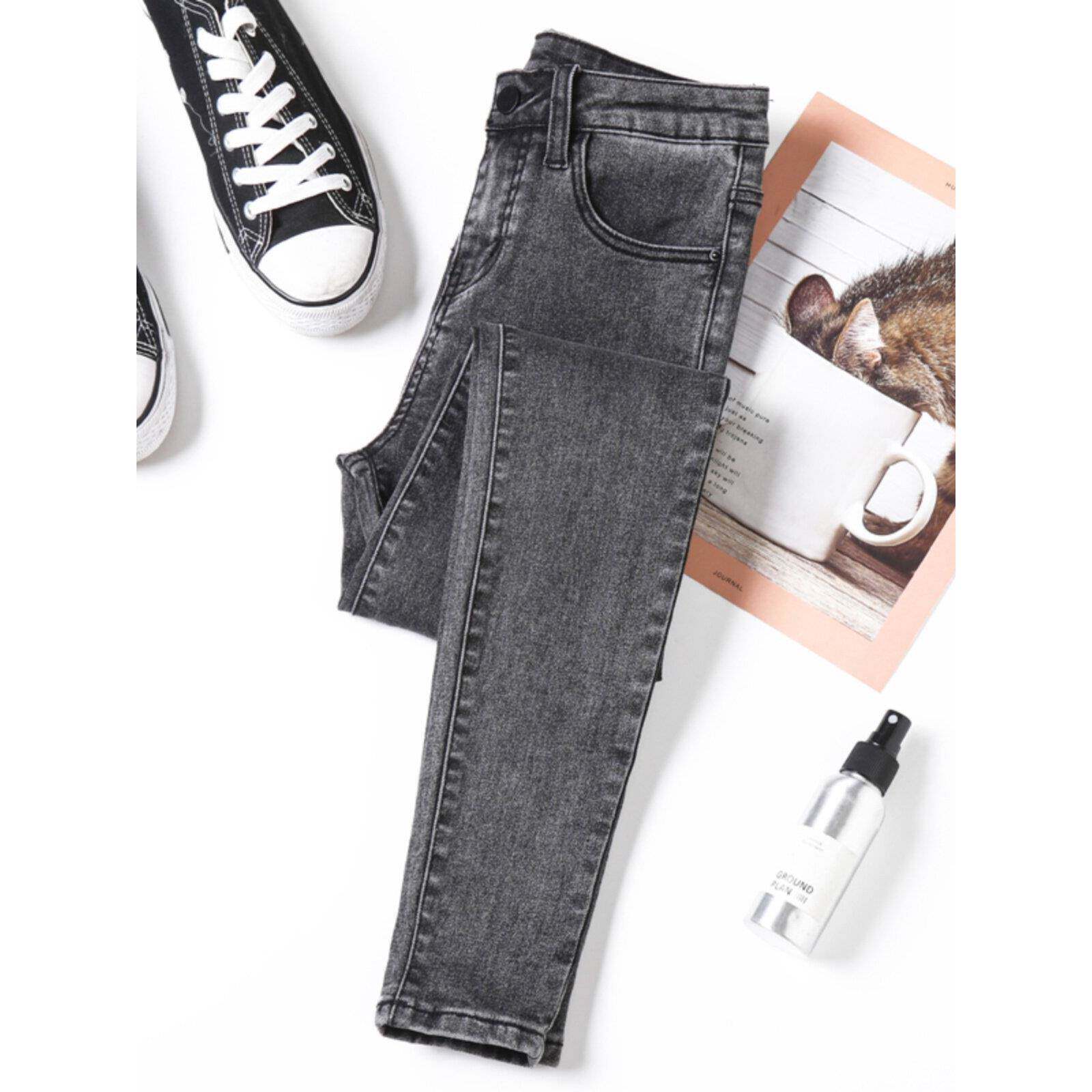 韩国牛仔裤女2025年春秋小脚修身显瘦高腰弹力紧身铅笔裤子烟灰色