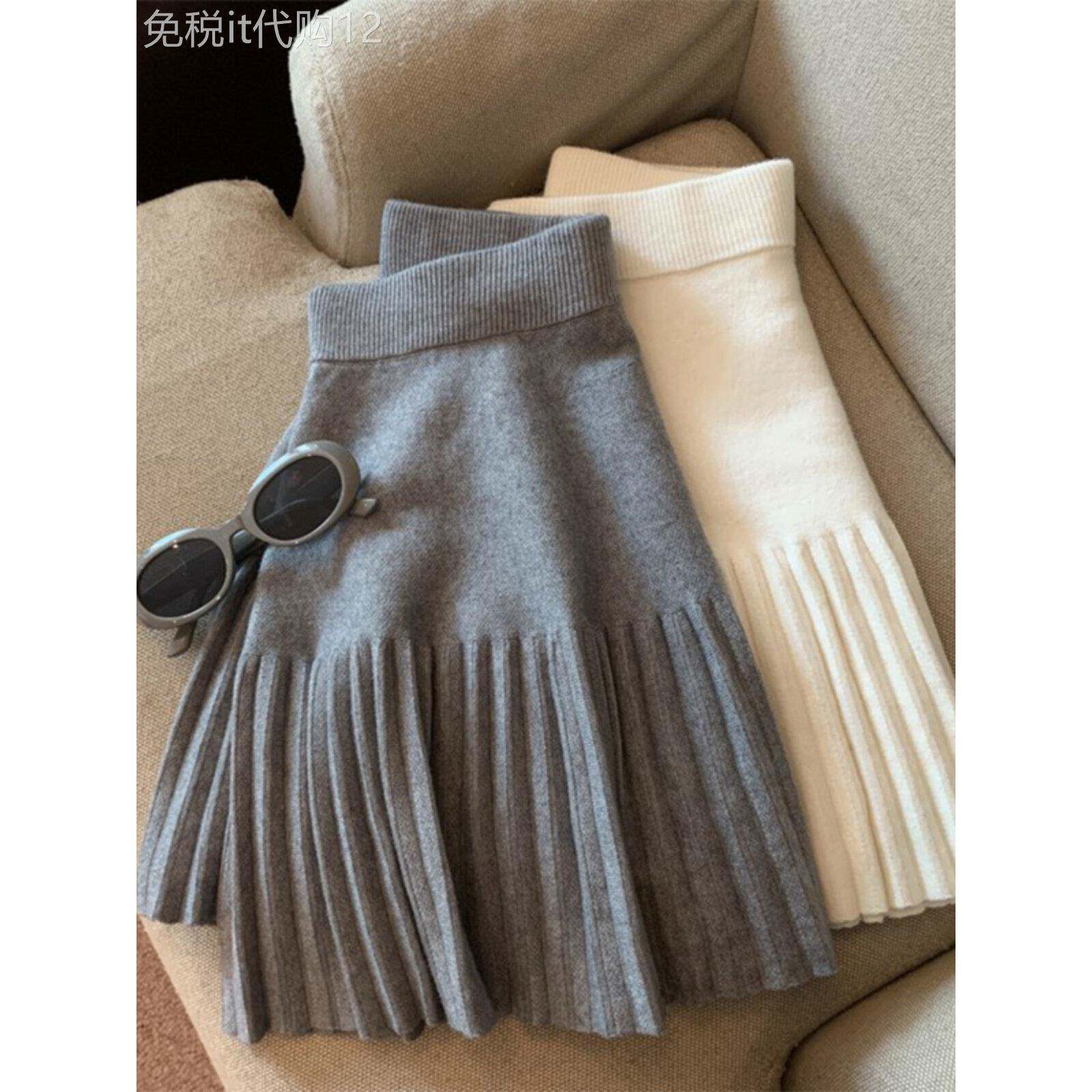 灰色针织百褶半身裙女秋冬季欧货加厚包臀半裙屁帘穿搭毛呢短裙