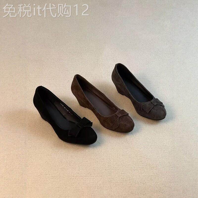 香港真皮复古风蝴蝶结坡跟玛丽珍鞋女秋季圆头浅口绒面一脚蹬单鞋