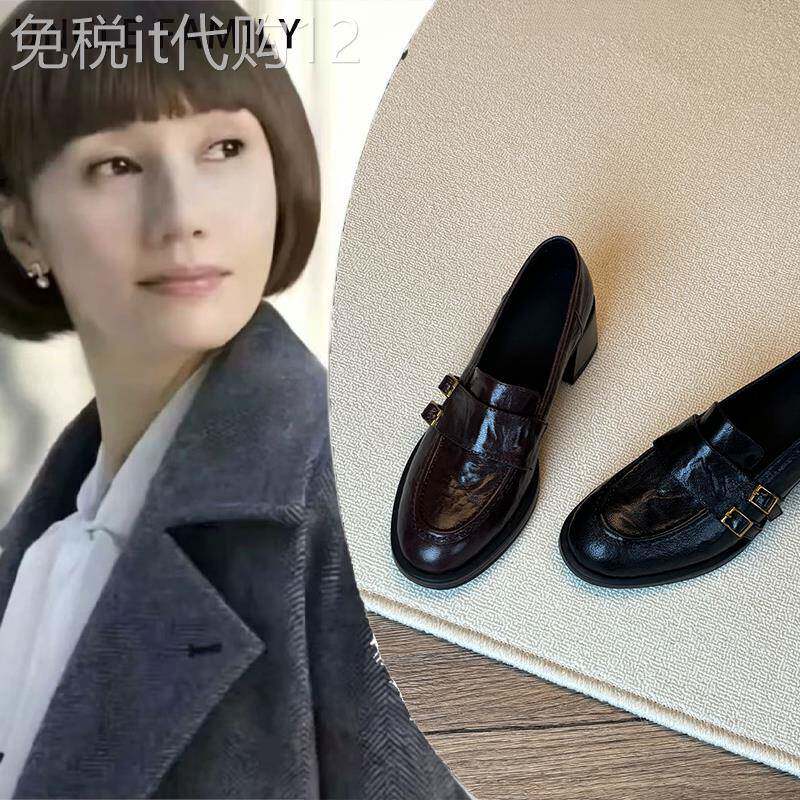 大叔家真皮粗跟双带扣乐福鞋女款2026新款秋冬增高英伦不累脚皮鞋