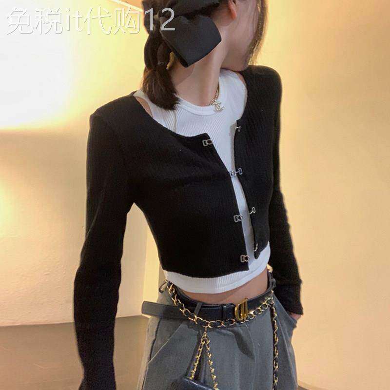 黑色短款针织衫女春秋bm风甜辣设计感小众别致上衣修身毛衣小开衫