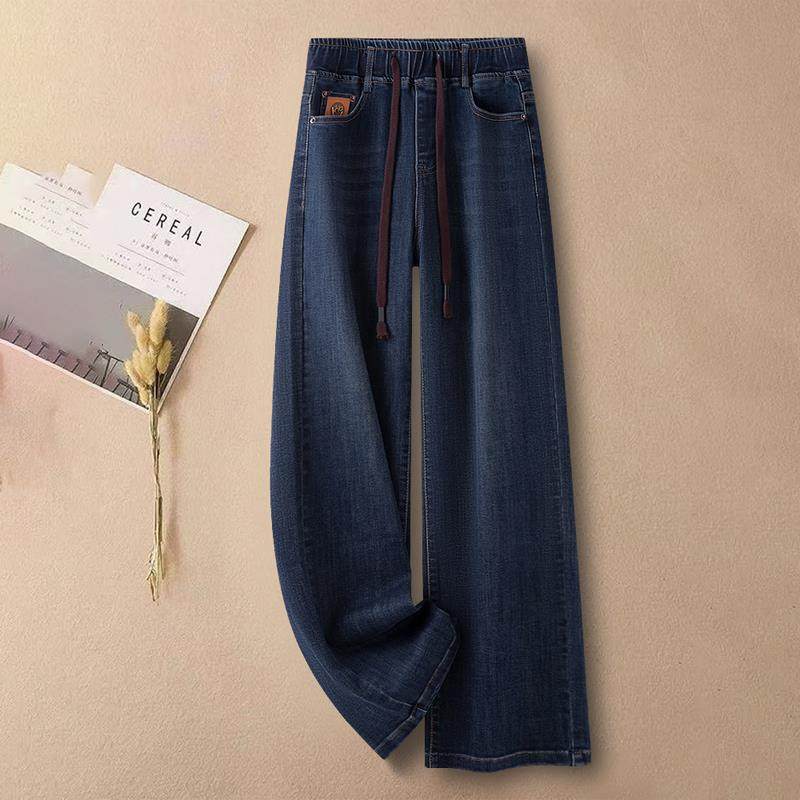 蓝色大码松紧腰阔腿牛仔裤女秋冬加绒2025新款高腰垂感显瘦直筒裤