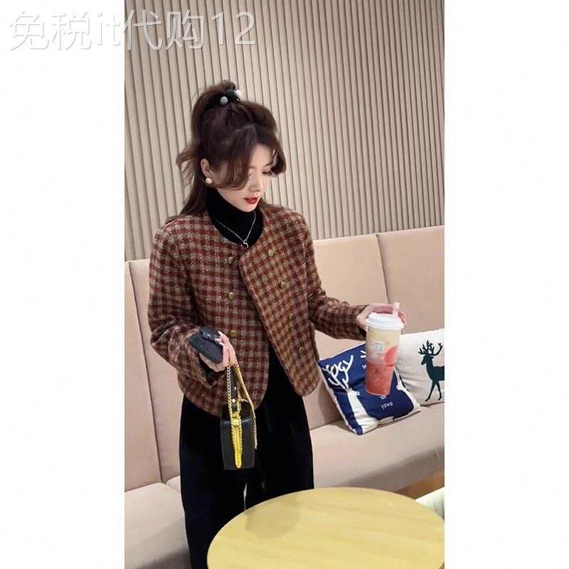 法式红色格子外套女春秋冬欧货小香风短款夹棉加厚上衣小个子夹克
