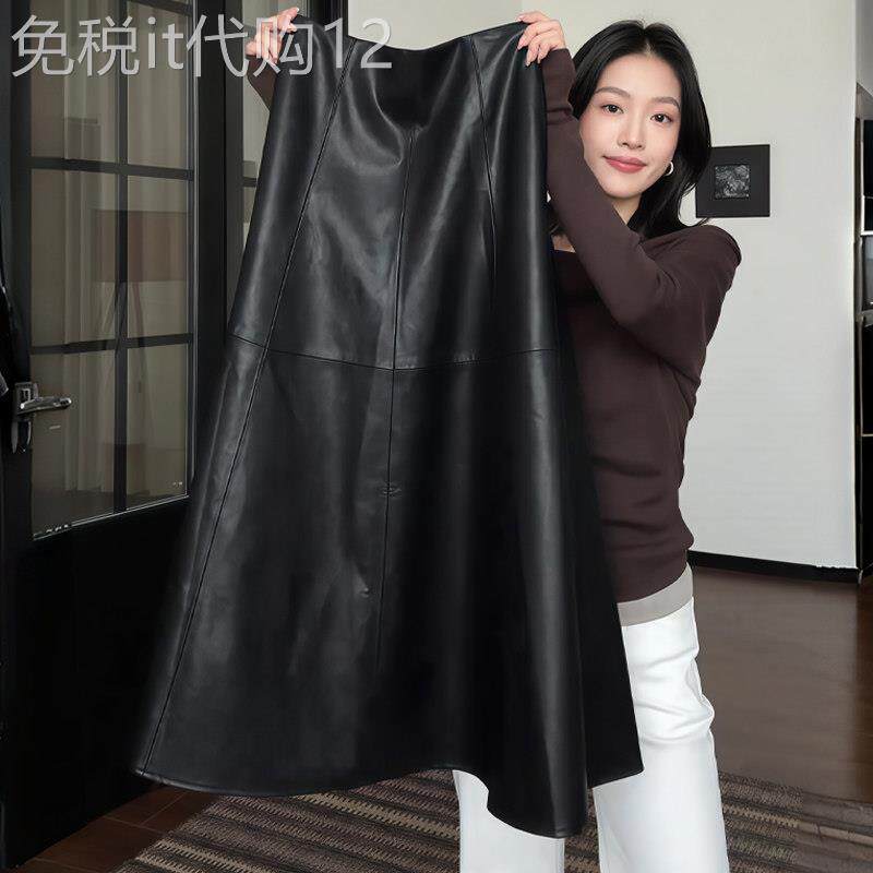 黑色皮裙女冬季2025新款小众时尚大摆褶皱松紧高腰显瘦A字半身裙