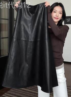 黑色皮裙女冬季2025新款小众时尚大摆褶皱松紧高腰显瘦A字半身裙