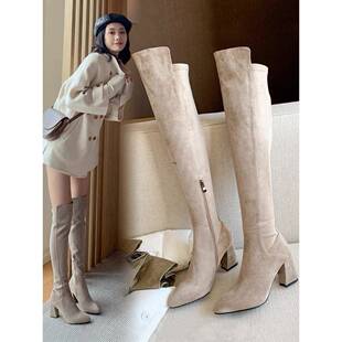 时尚品牌Sw包腿弹力女式秋冬高筒靴5050过膝长靴尖趾厚高跟骑士靴