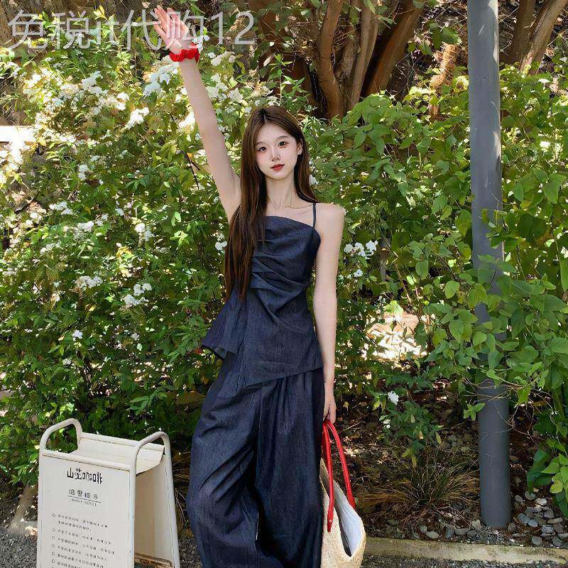 学院风蓝色吊带裤子两件套装女2025新款小个子韩系chic休闲一整套