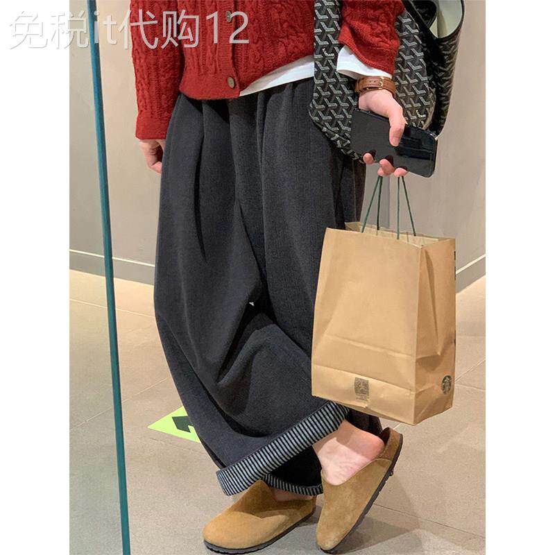 韩国深灰色毛呢休闲裤女秋冬加绒胖mm梨型身材高腰宽松显瘦阔腿裤