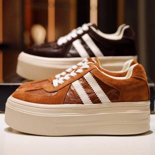 代购秋冬新款真皮厚底增高保暖加绒休闲板鞋女时尚百搭圆头德训鞋