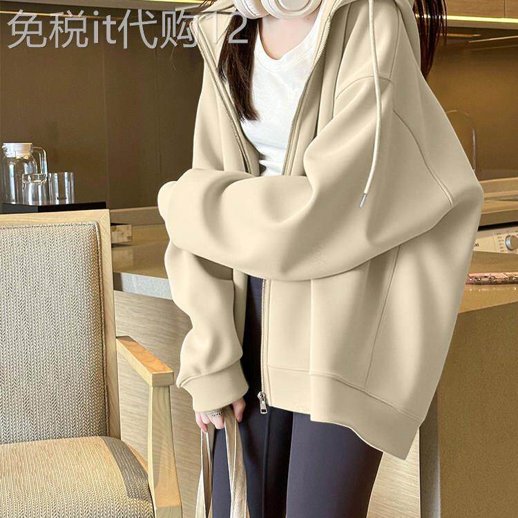 连帽运动衫开衫女春秋2026年新款加绒慵懒风中长版宽松显瘦上衣外