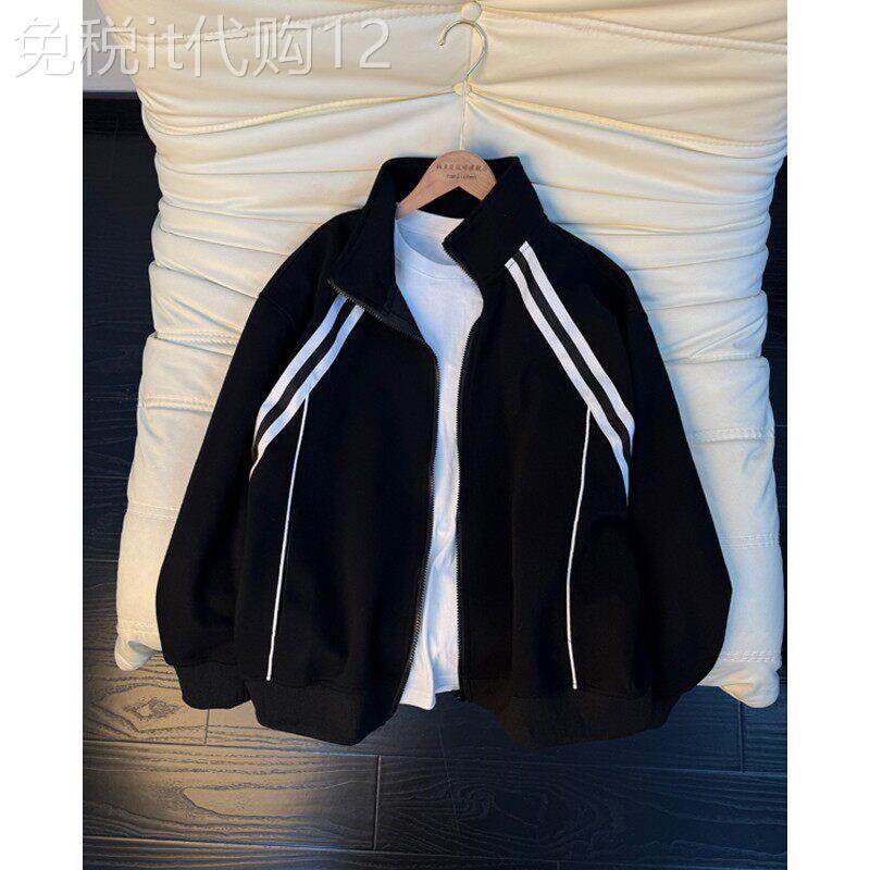 无帽开衫卫衣女春秋季2026年新款大码胖mm美式条纹立领棒球服上衣