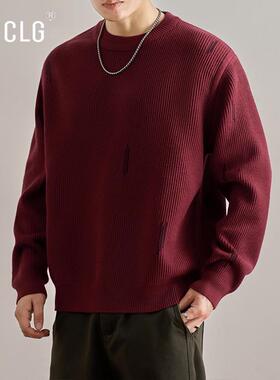 香港CLG潮牌重磅红色圆领毛衣秋冬季新款长袖打底衫撞色休闲上衣