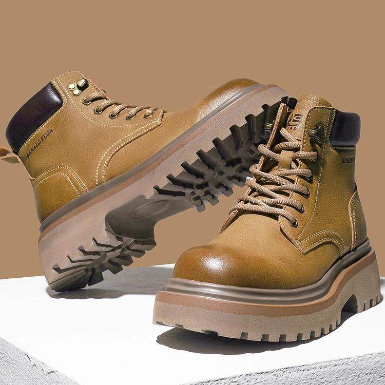 潮牌马丁靴男款冬季厚底增高发泡底中帮皮鞋英伦风工装耐磨大黄靴