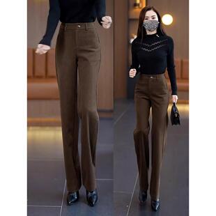窄版阔腿裤加绒加厚裤子女冬季毛呢裤高腰西装裤大码休闲直筒裤秋